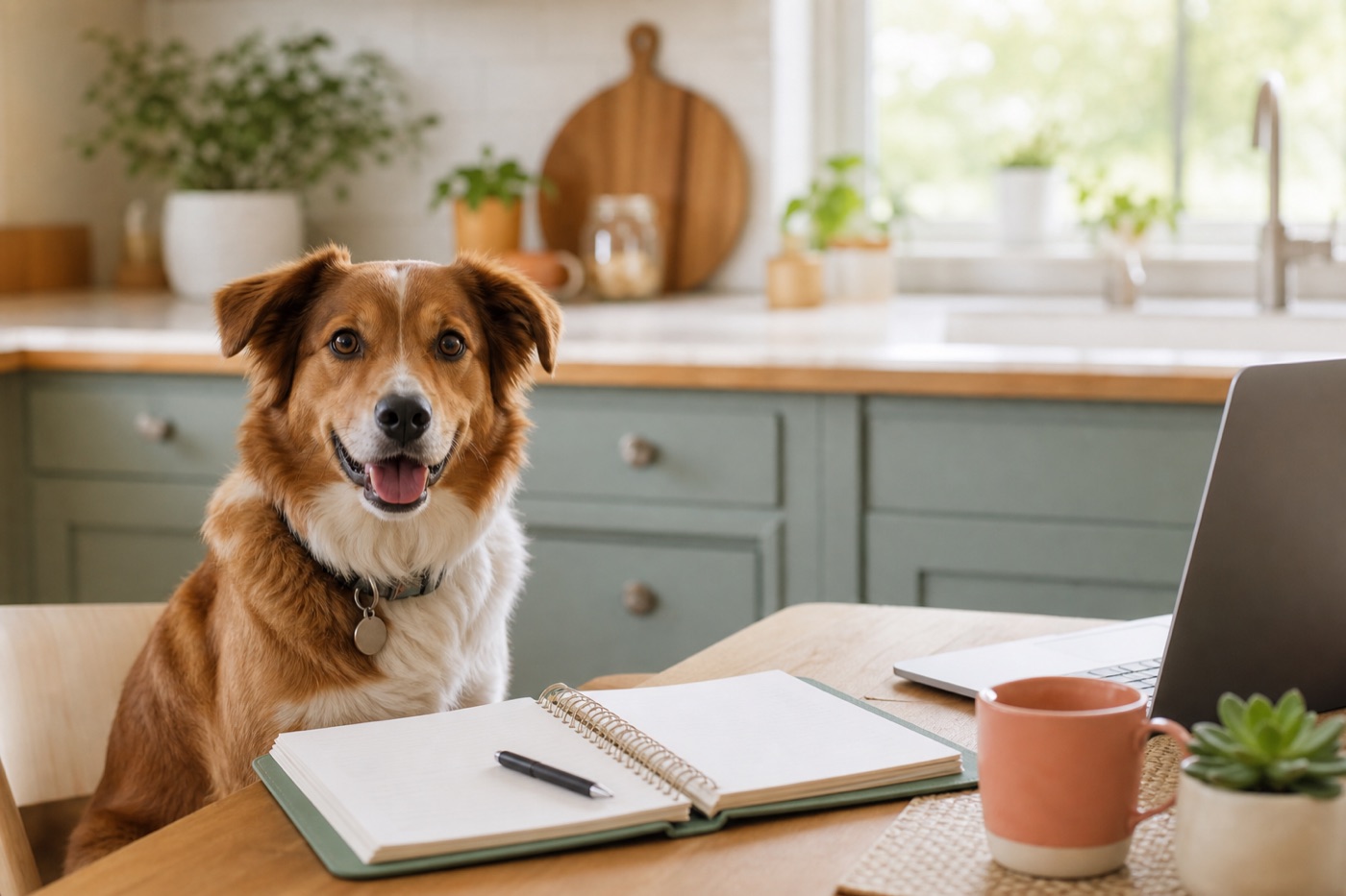 Dog sitting beside a notebook and laptop for pet budget planning