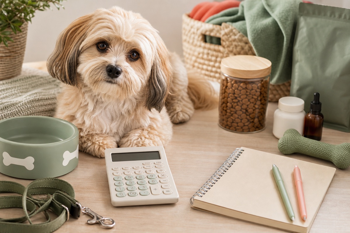 Small dog beside a calculator, pet supplies, and a budget notebook