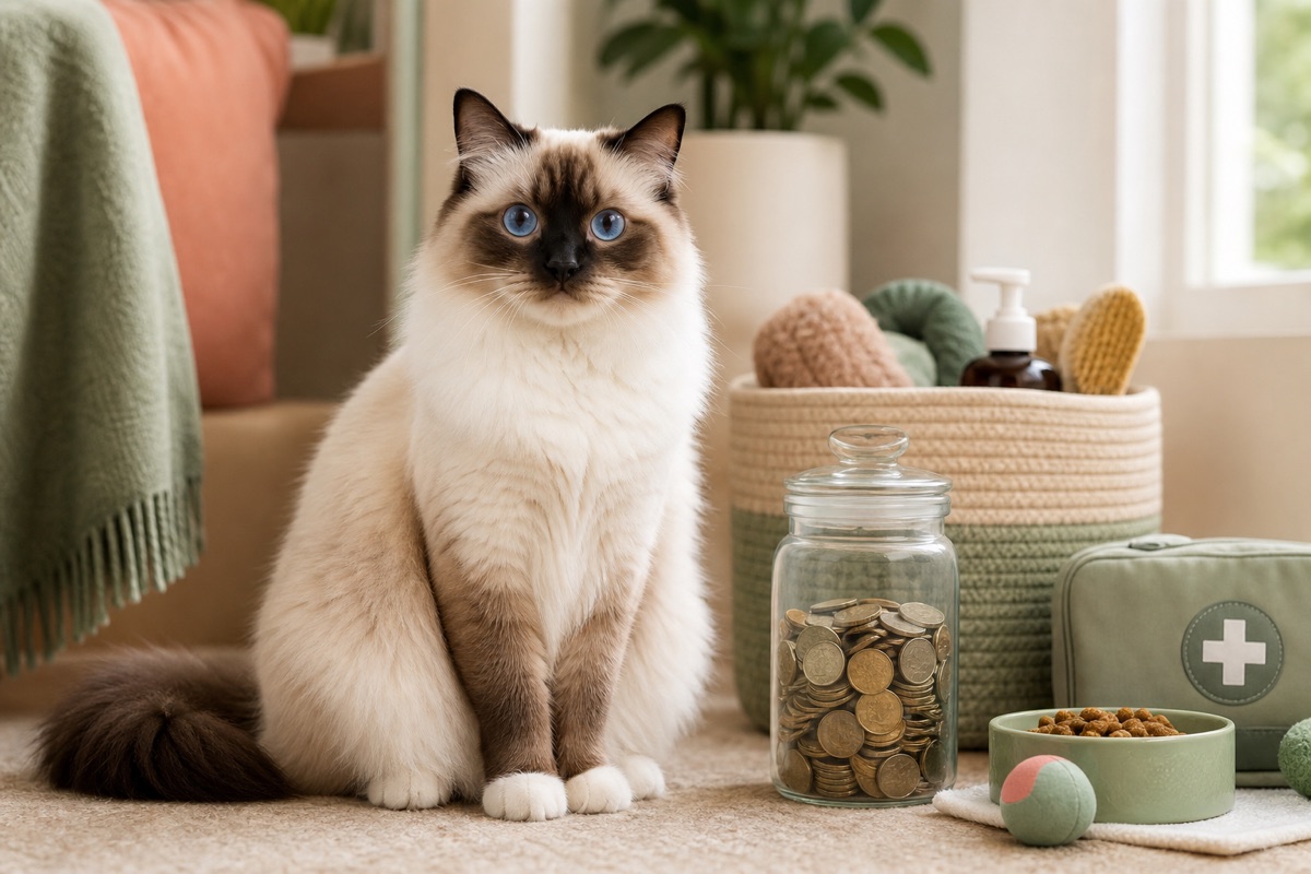 Front-facing Ragdoll cat beside pet supplies and an emergency savings jar